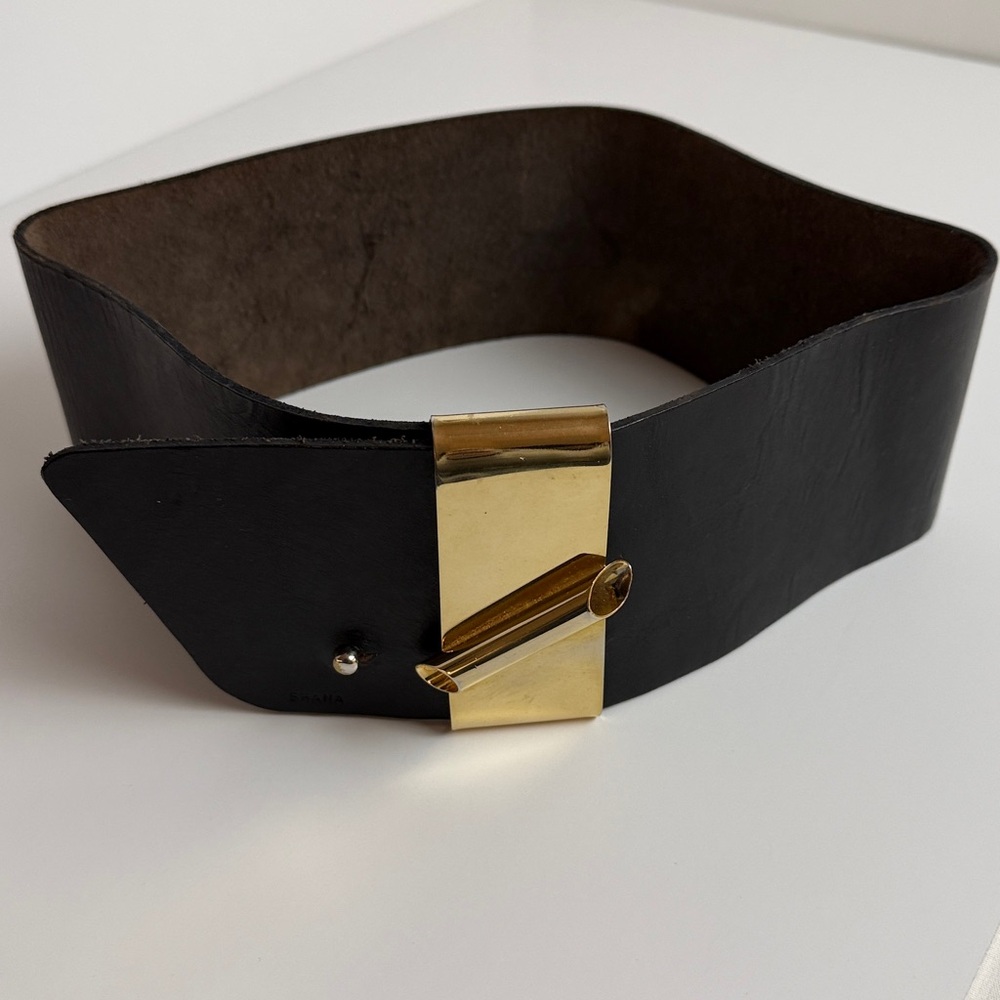 Elegant Black thick Leather Belt with Gold Buckle by SHANA ( UK)